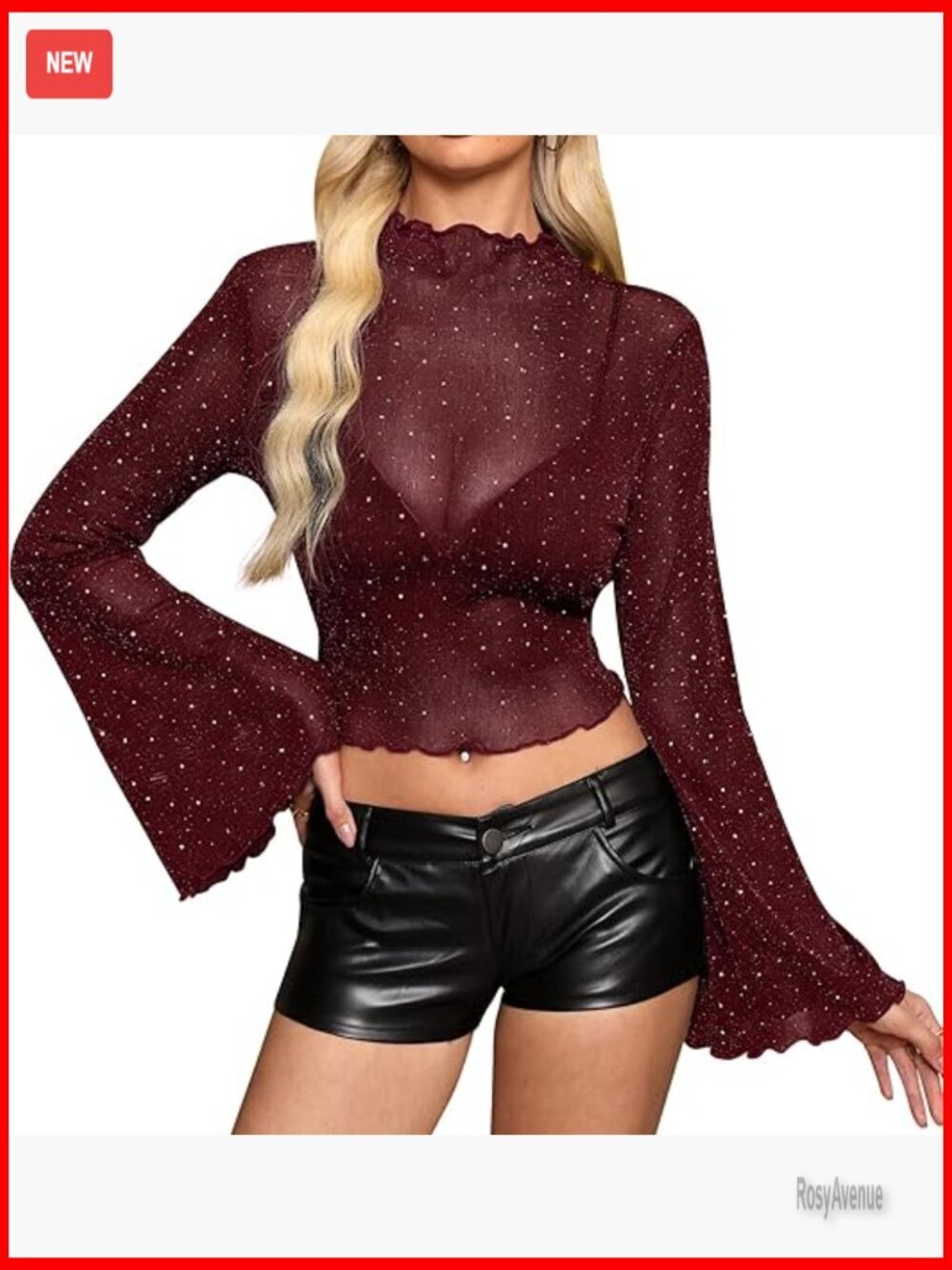 Women's Bell Sleeve Mesh Crop Top Mock Neck Lettuce Trim Sheer 70s Hippie Top